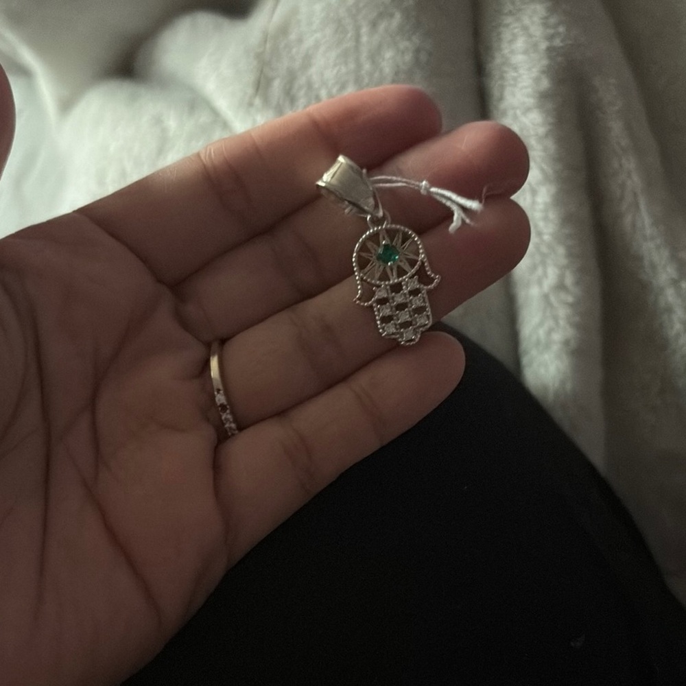 Silver and Green Hamsa Pendant